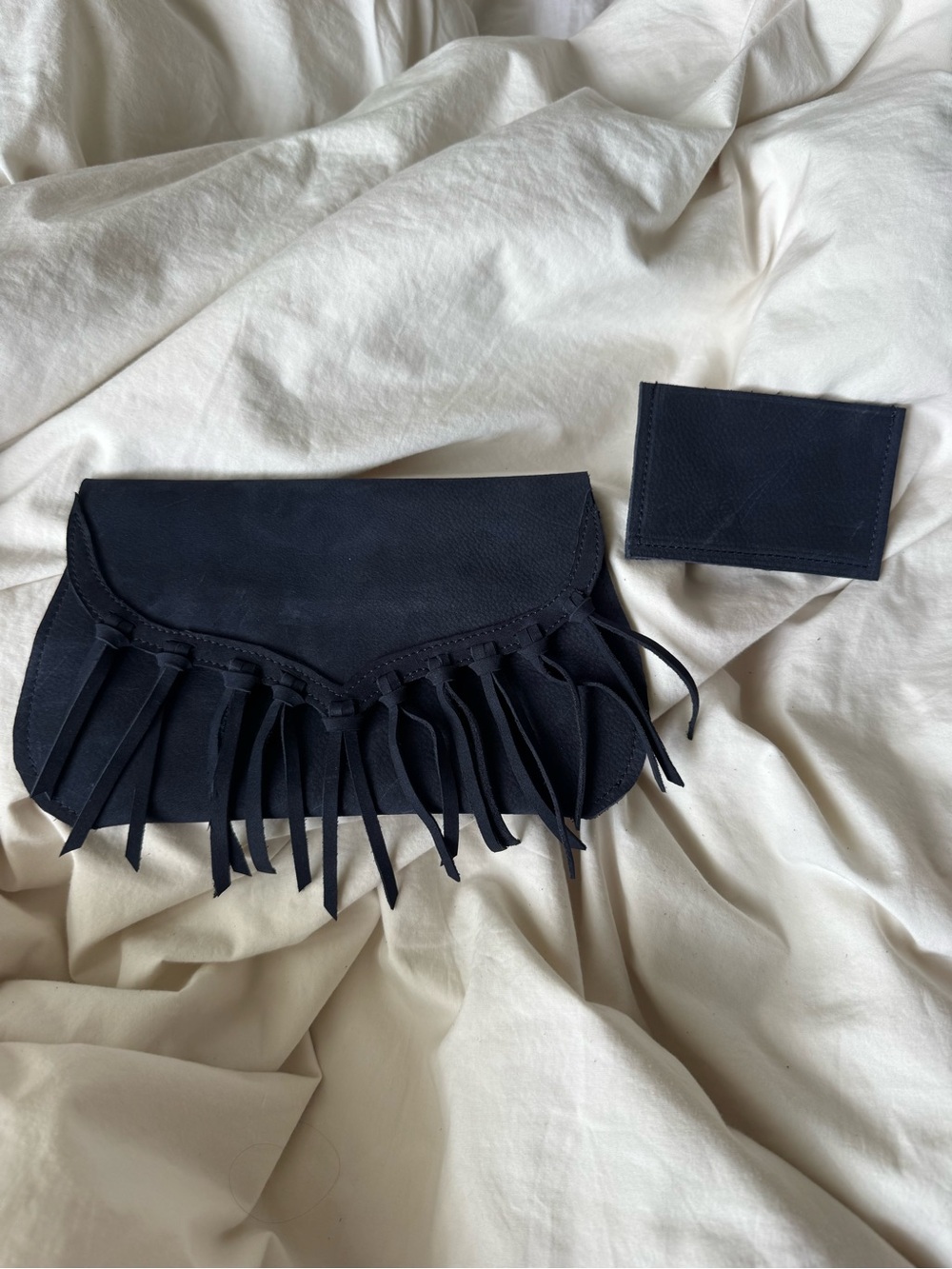 Navy Fringe Leather Clutch